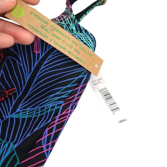 NWT Sandflower Black Neon Multicolor Leaf Front Knot Sleeveless Swim Tank Top - Picture 4 of 6